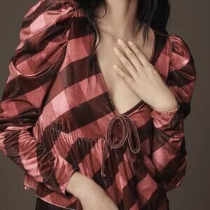 ANTHROPOLOGIE MAEVE NWT Petal Pink Wine Plaid Plunge Neck Velvet Babydoll Top L